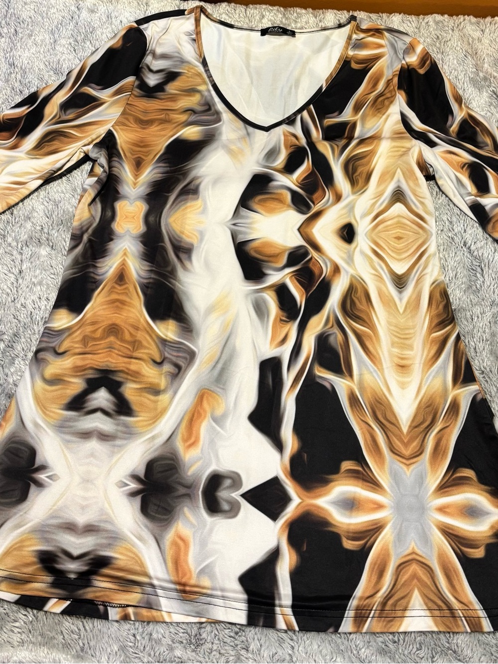 Abstract Swirl V-Neck Tunic Top in Black, White & Gold Tones, Lily by Firmiana